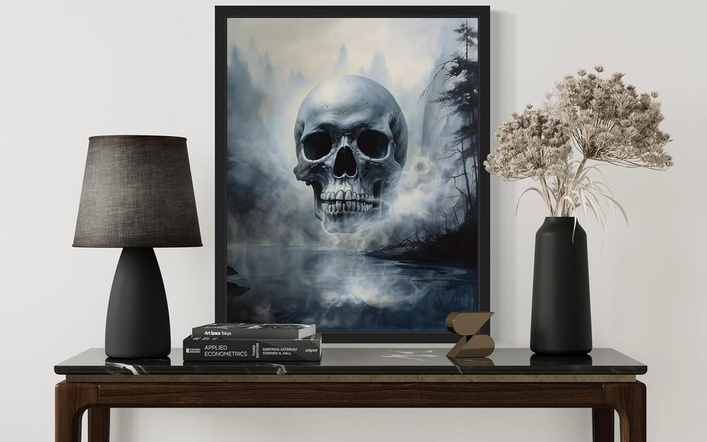 Foggy Skull Poster Art Print, Halloween Scary Vintage Wall Art Academia Spooky Painting Decoration for Horror Prints, Gothic Posters Bedroom Decor 89 (Foggy Skull, 16 x 20 inches, Black Frame)