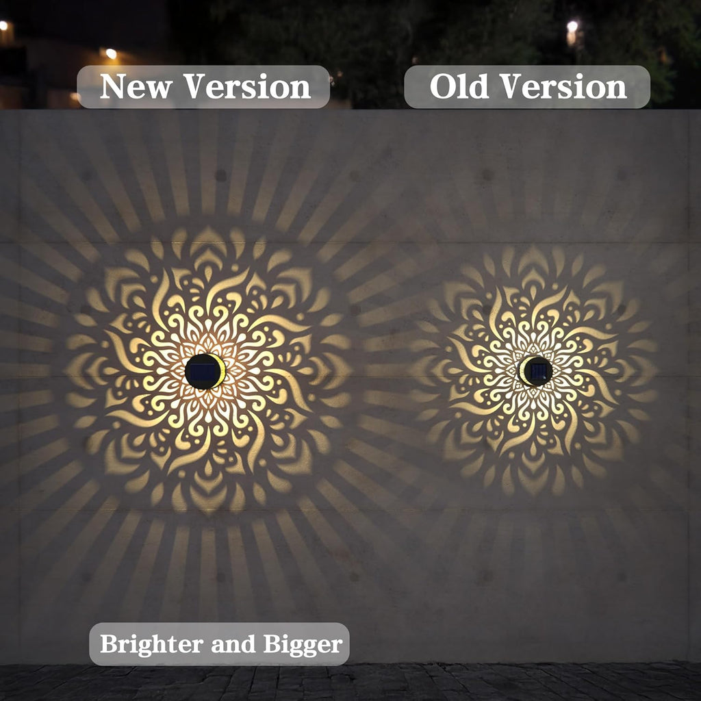 2 Pack Large Solar Fence Lights Metal Solar Powered Outdoor Wall Deck Step Lights Mandala Theme Waterproof Fence Light for Garden Post Patio Backyard Yard Decor, Gardening Gifts for Women Mom Grandma