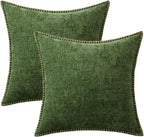 MIULEE Pack of 2 Fall Couch Pillow Covers 18x18 Inch Moss Green Farmhouse Decorative Throw Pillow Covers with Stitched Edge Soft Chenille Solid Dyed Pillow Covers for Sofa Bed Living Room