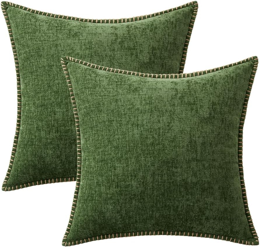 MIULEE Pack of 2 Fall Couch Pillow Covers 18x18 Inch Moss Green Farmhouse Decorative Throw Pillow Covers with Stitched Edge Soft Chenille Solid Dyed Pillow Covers for Sofa Bed Living Room