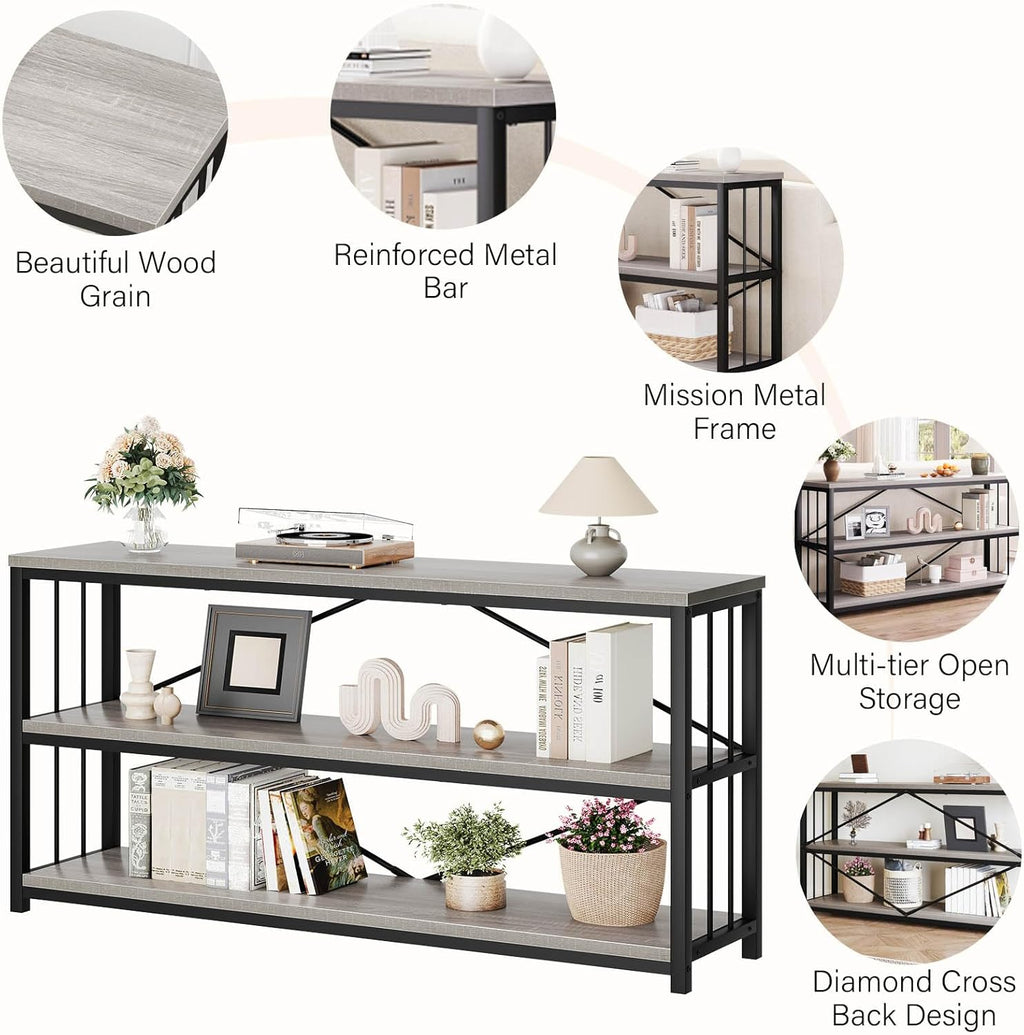 LVB Long Console Table with Storage, Farmhouse Rustic Skinny Entryway Table, Modern Wood Metal Hallway Sofa Table with Shelf, Industrial Narrow Couch Entry Table for Foyer Living Room, Light Grey, 63