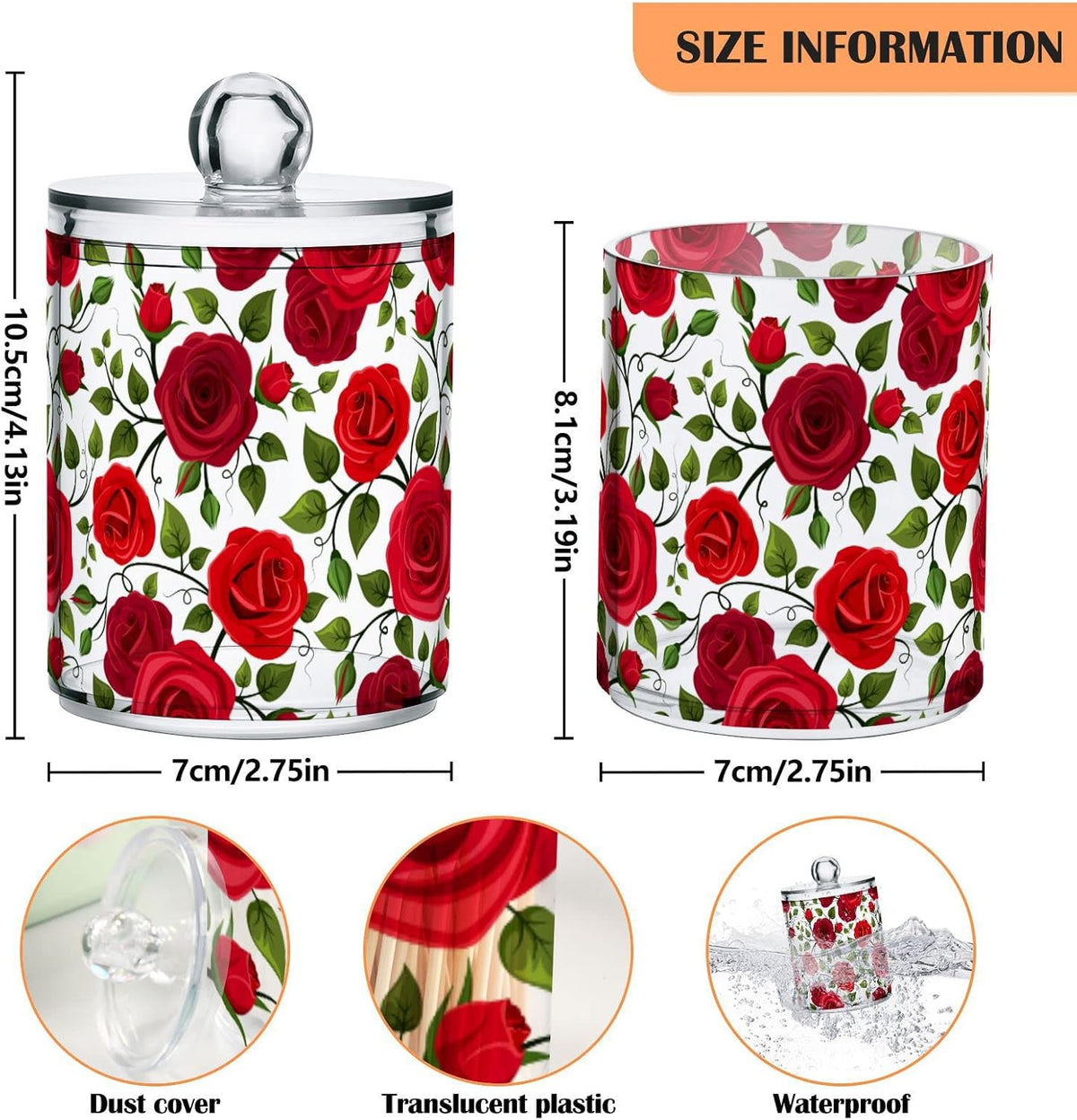 2 Pack Qtip Holder Dispenser Red Rose Flowers Bathroom Storage Canister Lid Acrylic Plastic Apothecary Jar Set Vanity Makeup Organizer for Cotton Swab/Ball/Round Pads, Floss