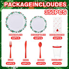 WDF 350pcs Christmas Plates and Napkins Set - Exquisite Holly Design - Christmas Dinnerware Set of 50 Christmas Plastic Plates 50 Red Silverware Set&Cups&Christmas Napkins