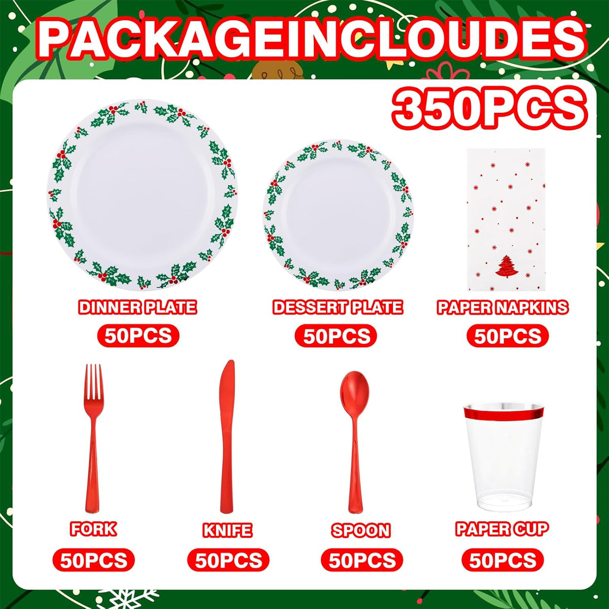 WDF 350pcs Christmas Plates and Napkins Set - Exquisite Holly Design - Christmas Dinnerware Set of 50 Christmas Plastic Plates 50 Red Silverware Set&Cups&Christmas Napkins