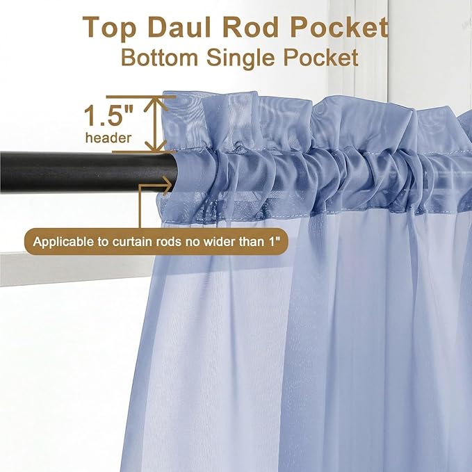 Chyhomenyc Sheer Curtains 63 Inch Length 2 Panels, Denim Blue | Light Filtering - Image 5