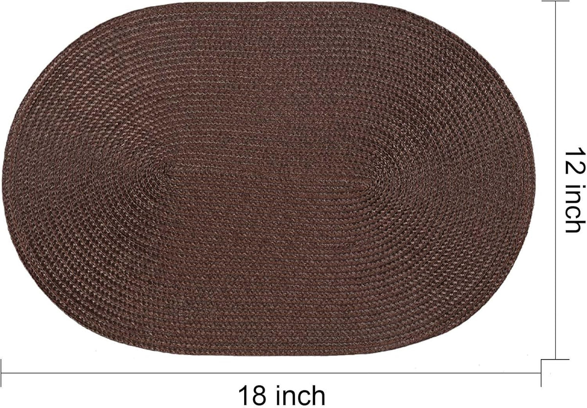 AHHFSMEI Placemats Set of 6 for Dining Table Washable Woven Vinyl Non-Slip 18x12 inches Placemat Heat-Resistant Durable Table Mats for Dining Table Easy to Clean (Oval Brown, 6)
