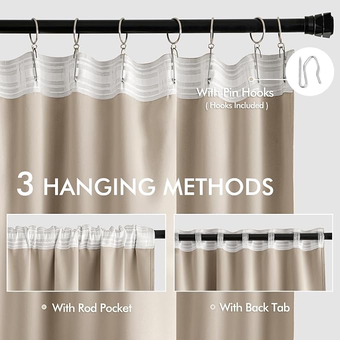MIULEE Taupe Back Tab Blackout Curtains 52x108 Inch Long 2 Panels Set | Rod - Image 3