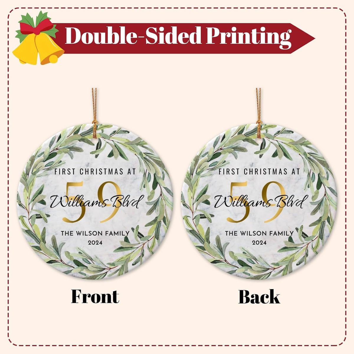 Personalized New Home Ornament 2025 w/Name & Address, Custom First Christmas in Our New Home Ornaments,Double-Sided Ceramic Customized New House Xmas Ornaments