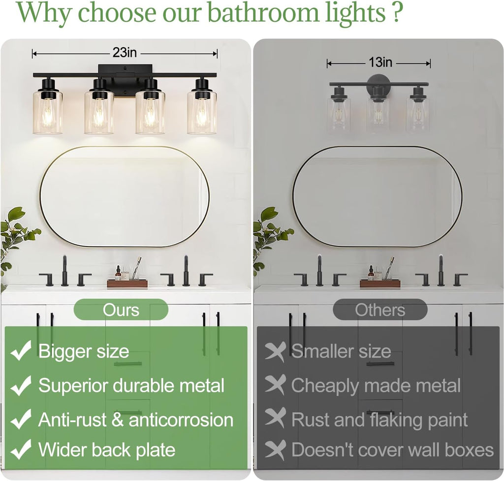 4-Light Bathroom Light Fixtures, Matte Black Modern Vanity Lights with Clear Glass Shades, Bathroom Wall Lamp for Mirror Living Room Cabinet Bedroom Porch