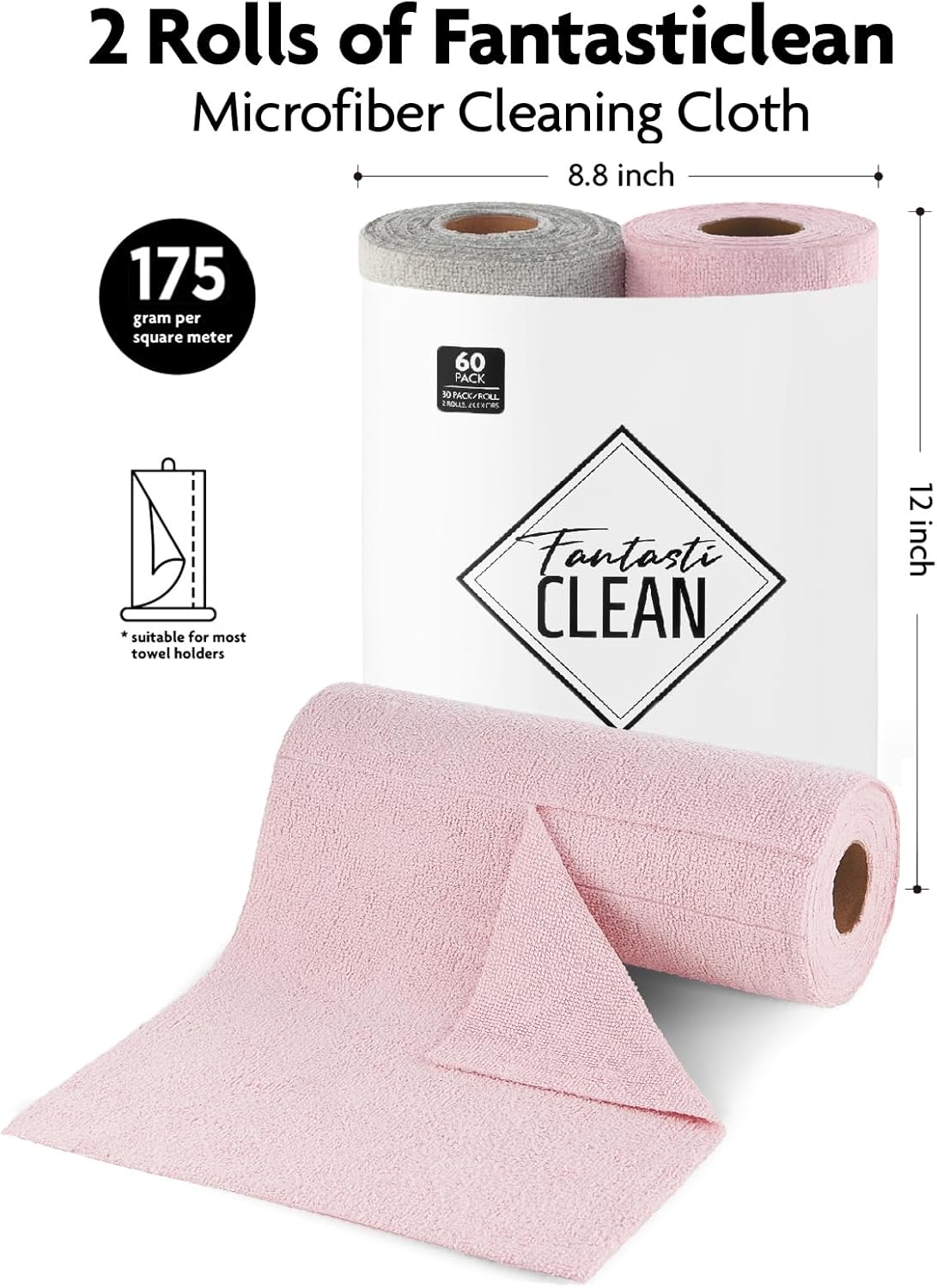 Fantasticlean Microfiber Cleaning Cloth Roll -60 Pack, Tear Away Microfiber Towels, 12" x 12", Reusable, Washable, Scratch Free, Ultra Absorbent Dish Rags for Car, Home, Garage or Shop (Pink & Grey)