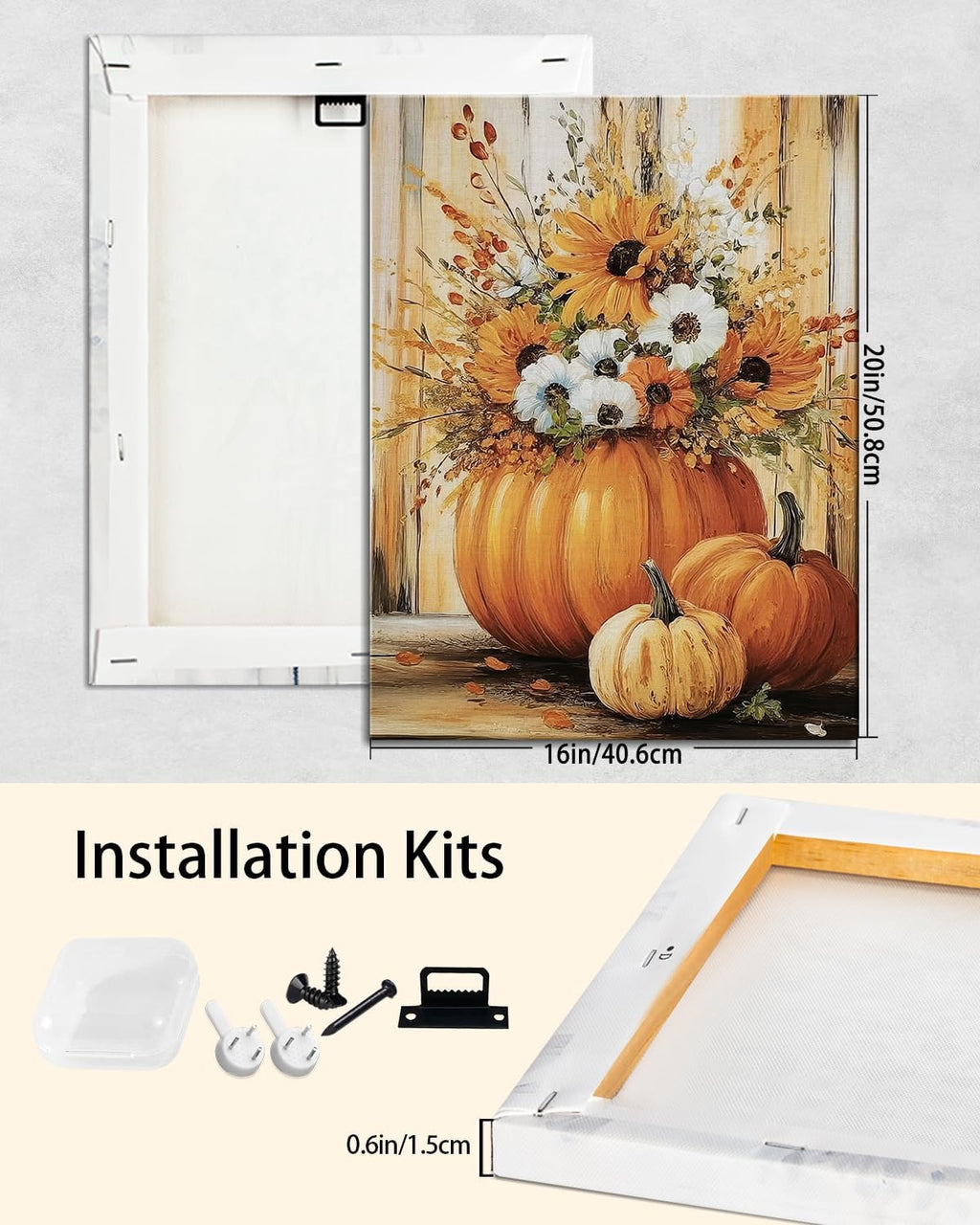 Rustic Autumn Fall Floral Pumpkin Wall Art Decor, Fall Floral Botanical Print for Thanksgiving Decorations, Autumn Wall Art Print for Farmhouse Living Room Bedroom Fall Decor, Ready to Hang