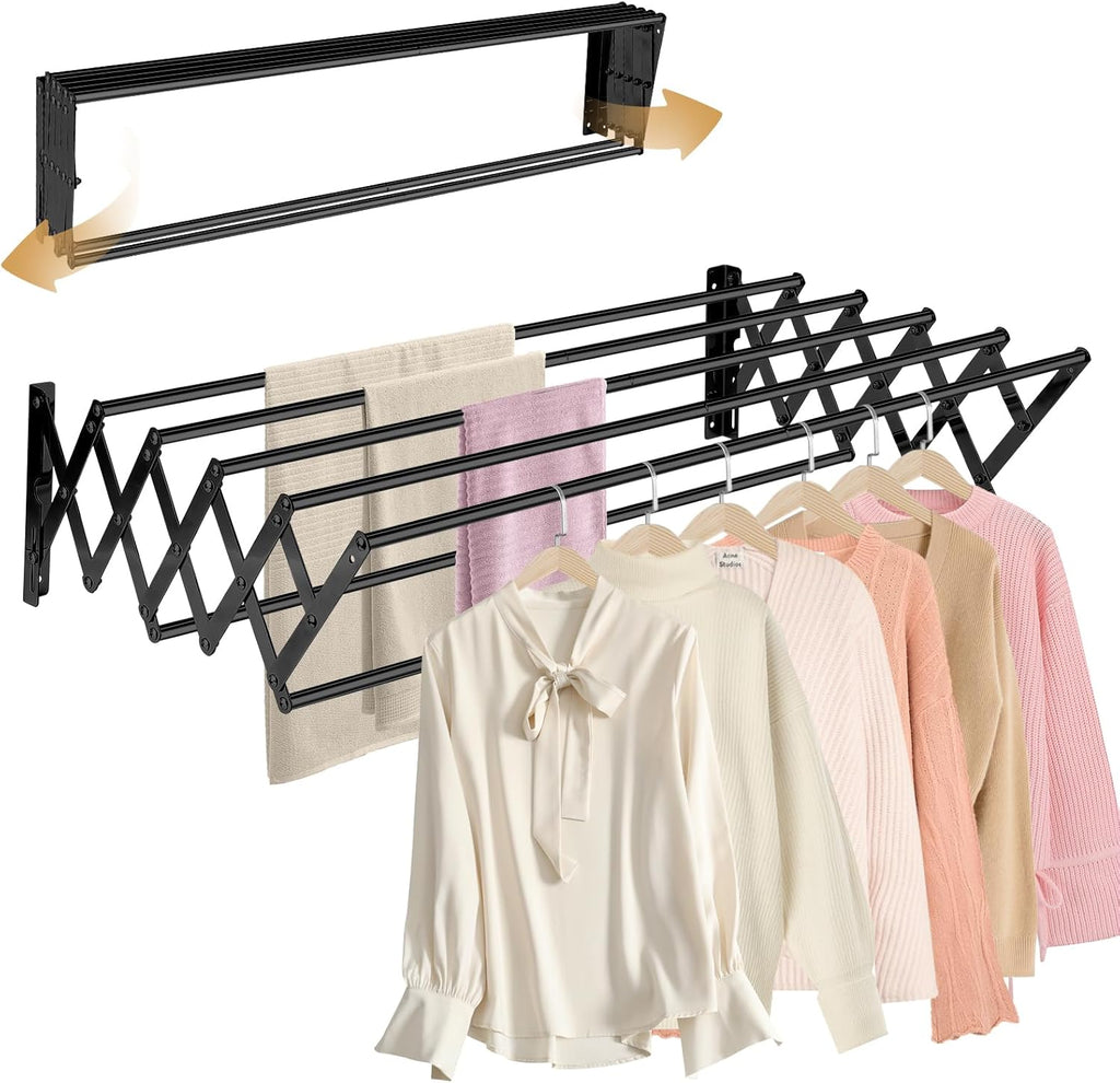 XL-31.5'' Wall Mounted Clothes Drying Rack, 130 lbs Large Capacity Rustproof Retractable Collapsible Drying Rack Easy Install with 7 Drying Rods, Space Saving Towel Clothes Rack for Laundry-Black