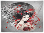 Japanese Geisha Tapestry Asian Red Cherry Blossom Red Sun Traditional Kimono Folk Tapestries Home Decor for Living Room Bedroom Apartment Farmhouse Dorm 80"x60"