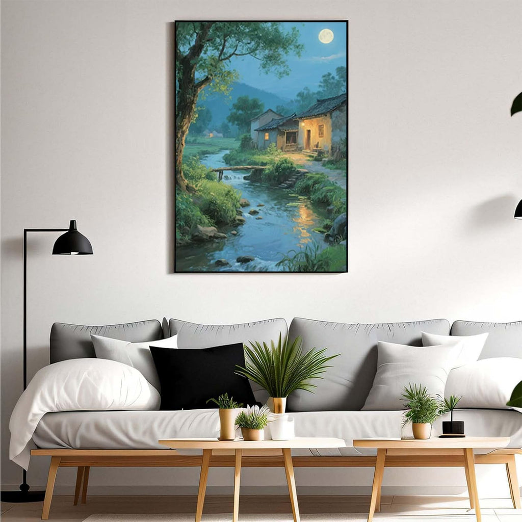 Moonlight under the big tree creek cabin scenery is suitable for posting in the living room bedroom office scenery poster wall painting