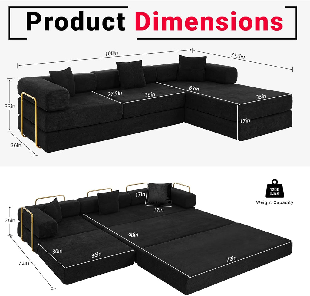 108" Oversized Convertible Sleeper Sofa Bed, Corduroy L Shape Sectional Couch, Folding Sofa Bed with Side Pocket, Modern Cloud Floor Mattress Couch, Modular Sofa for Living Room, Black