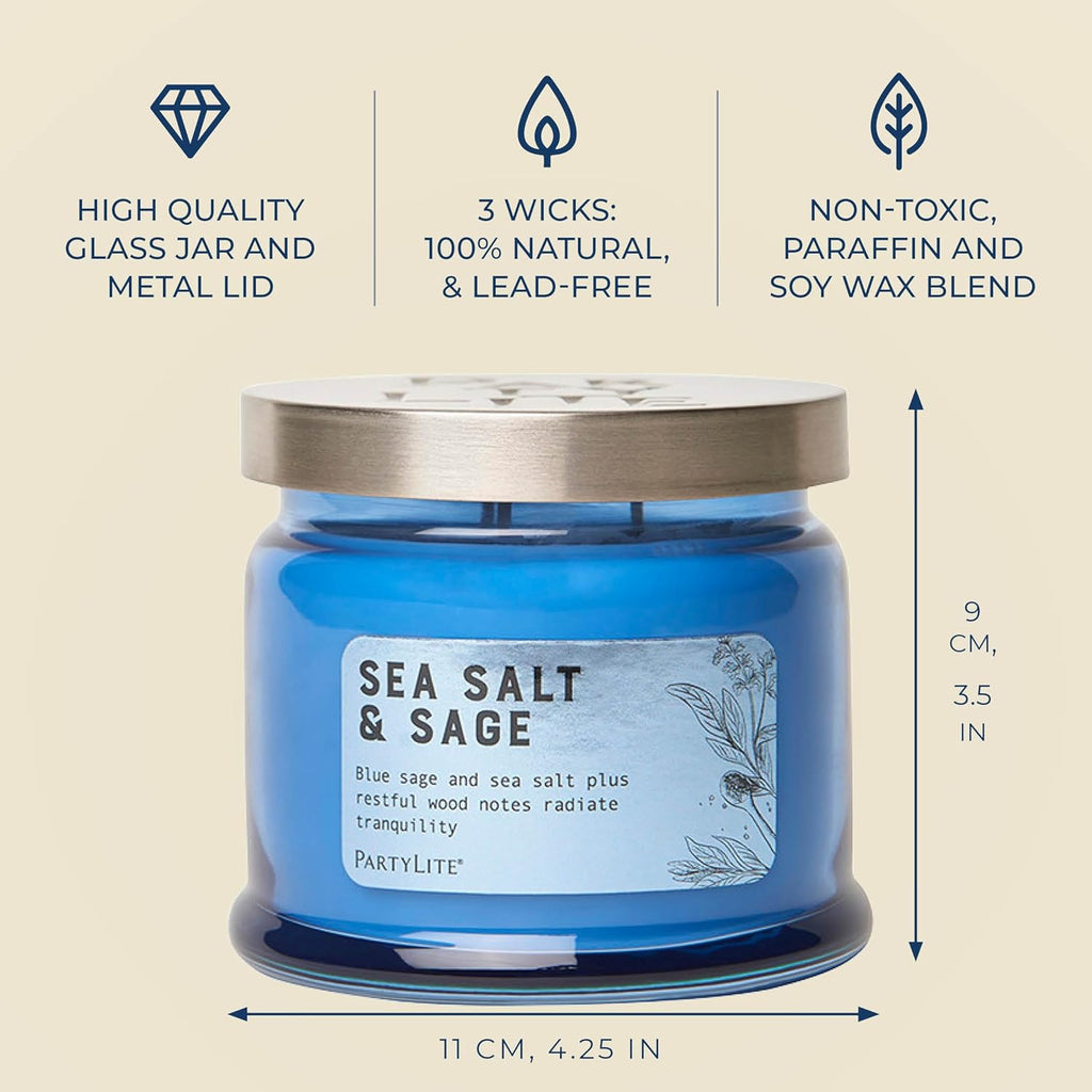 PartyLite Sea Salt & Sage Scented, Notes of Salted Air, Sea-Soaked Sage, Driftwood, Coconut and Sandalwood, 13.2oz 3-Wick Jar Candle, 45 Hour Burn Time, Luxurious Fragrance, Perfect for Gifting