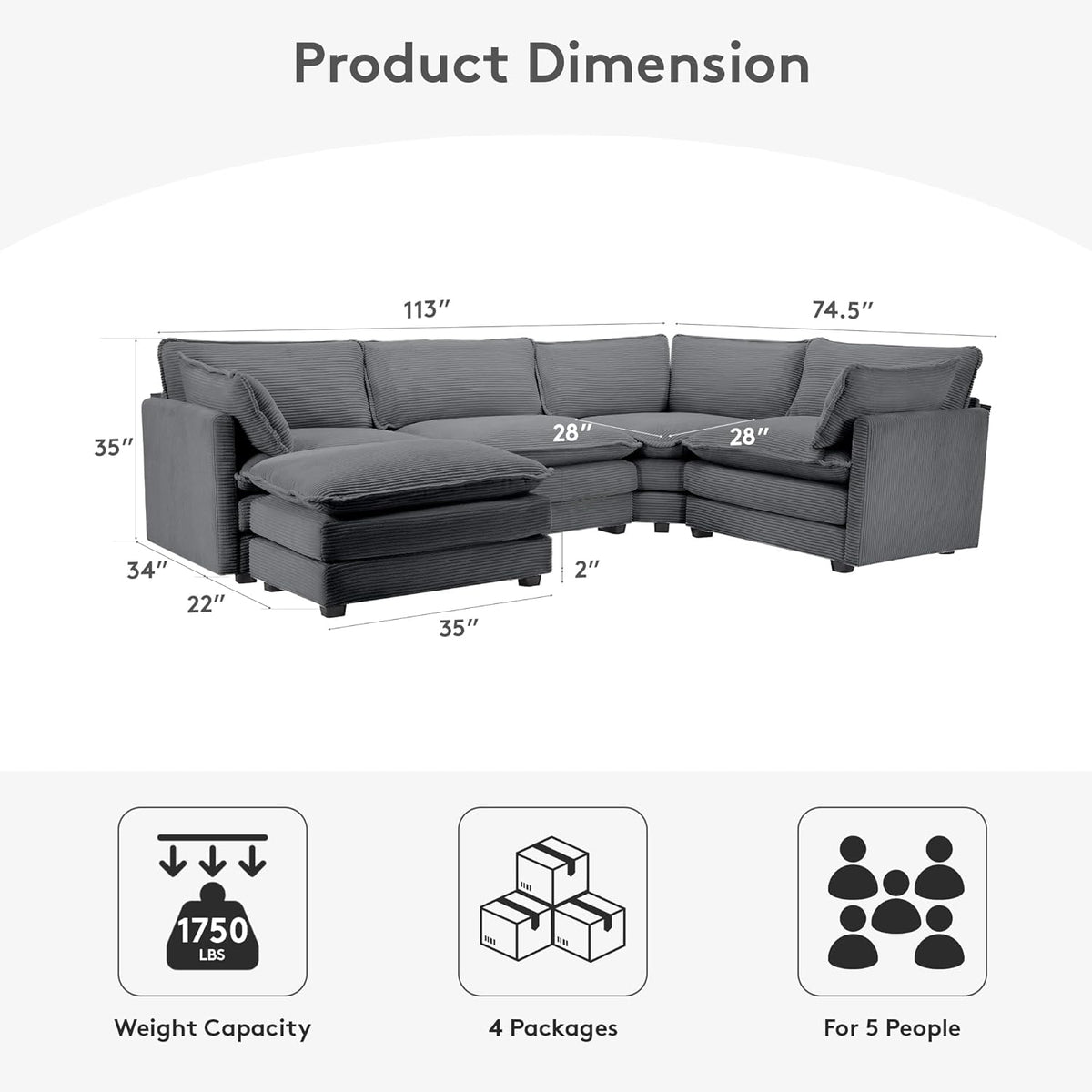 ROWHY 113'' Modular Sectional Cloud Couch, 5 Seater Corner Sofa Big Comfy Corduroy Oversized L Shaped Couch with 2 Pillows, Ottoman, Deep Seat Sectional Couches for Living Room Office, Dark Grey