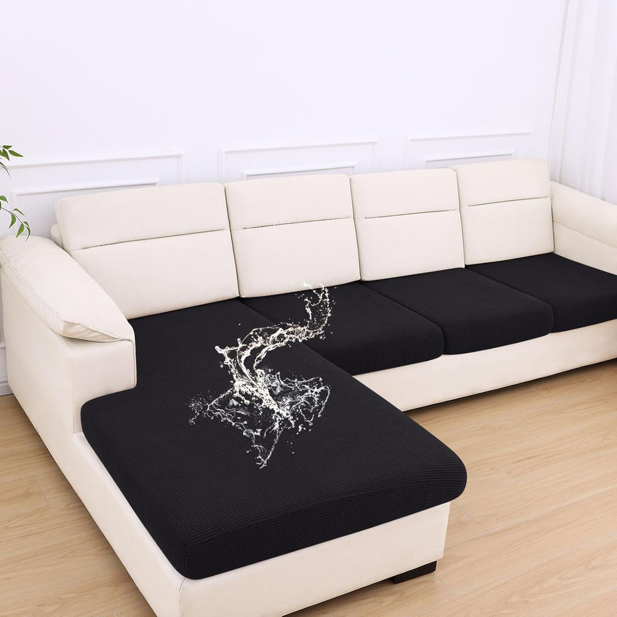 hyha Waterproof Couch Cushion Covers for Pets, Non Slip Sofa Seat Cover for Dogs Washable, Soft Thick Stretch Jacquard Fabric, Sofa Slipcovers with Elastic Bottom (1 Chaise+3 Seater, Black)