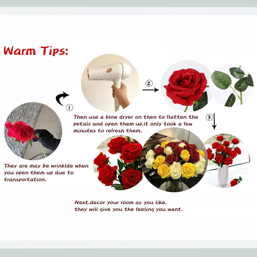 Red Fake Roses Artificial Flowers - 10 Pcs Fake Artificial Roses Silk Flowers with Stems for Home Wedding Hotel Office Centerpiece Decor