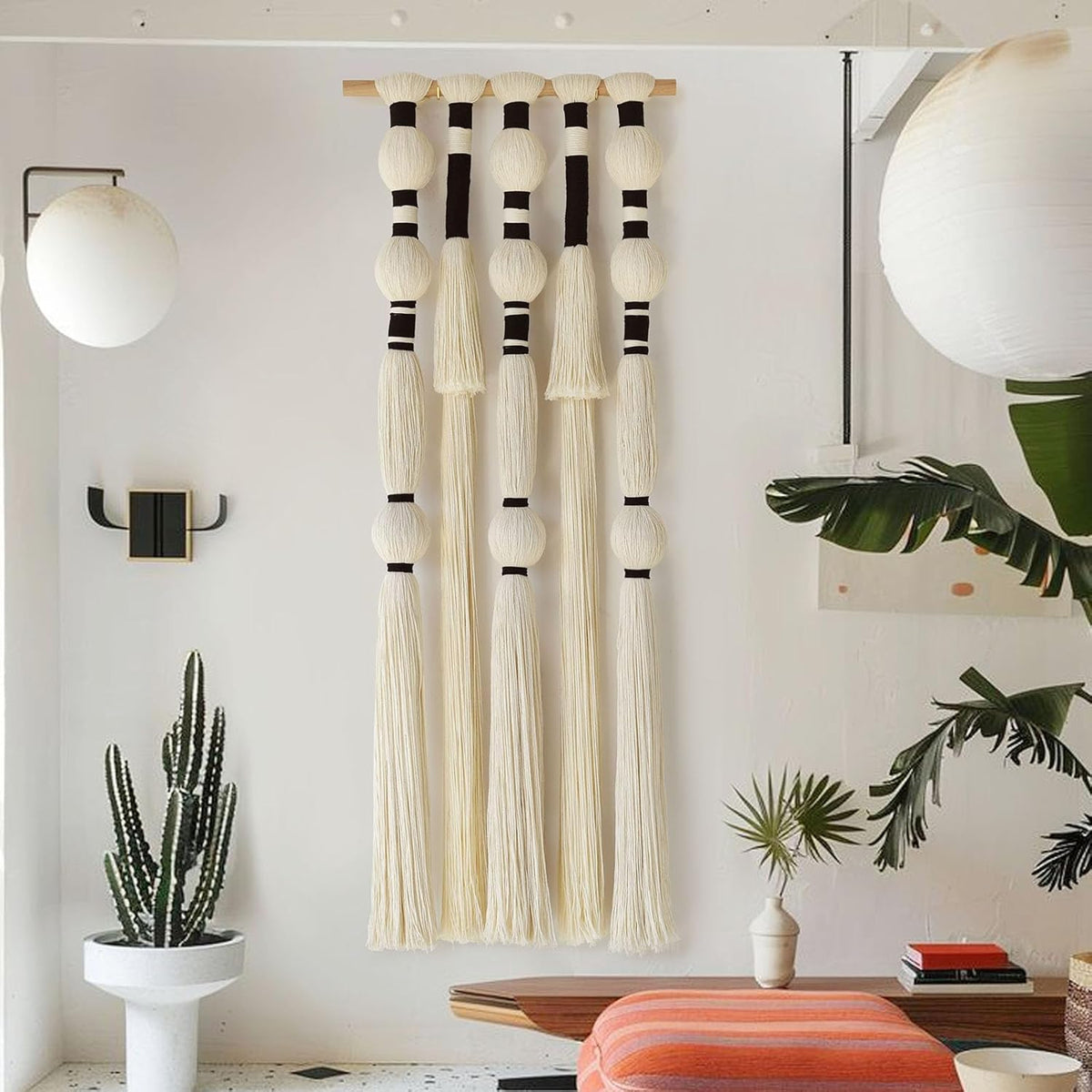 Macrame Wall Hanging Tassels Sphericity Cotton Textile Hanging Geometric Yarn Wall Art for Bedroom Living Room Decor 15.7" W x 39" L