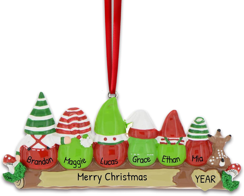 3D Gnome Family of 6 Ornament 2025 Personalized Family Christmas Ornaments 2025 | Woodland Deer Mushrooms Personalized Tree Ornaments for Grandchildren, Siblings & Grandkids of Six Ornament Gnomes