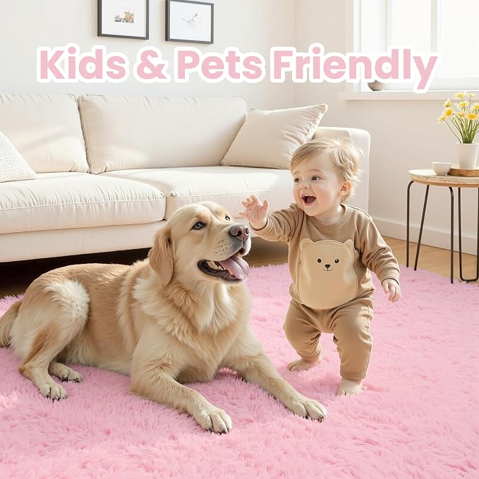8x10 Fluffy Shag Area Rugs for Living Room Bedroom: Soft Carpet Light Pink | - Image 4