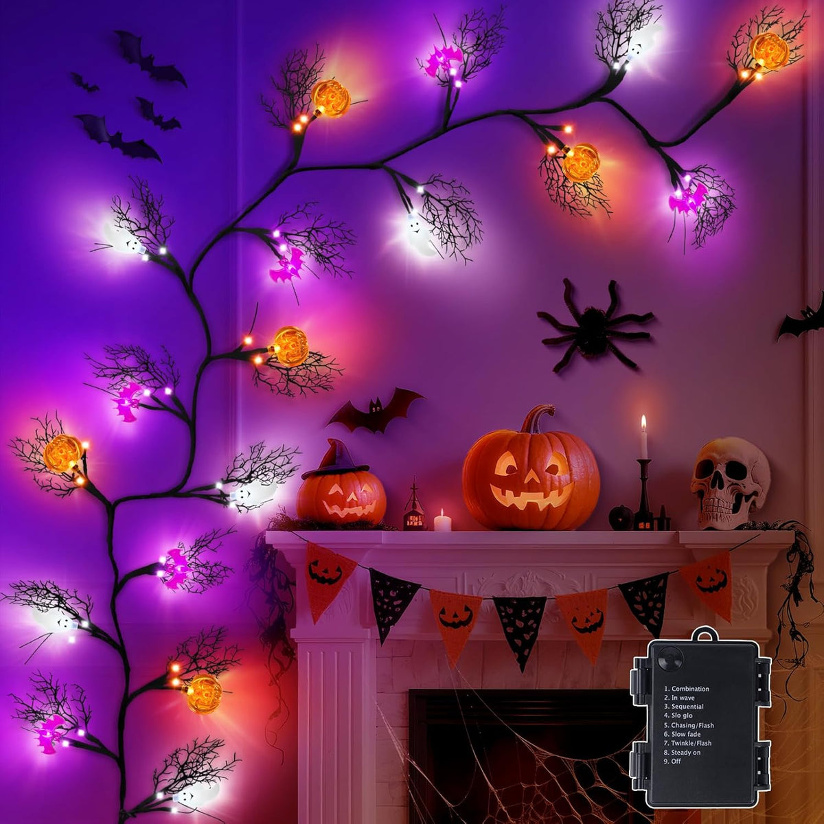[8 Modes&Timer] 6Ft 45LED Halloween Willow Vine Twig Garland with Orange Lights - Battery Operated, Waterproof Halloween Decor for Indoor Wall, Fireplace Mantle, Home Party (Pumpkins&Bats&Ghosts, 6FT)