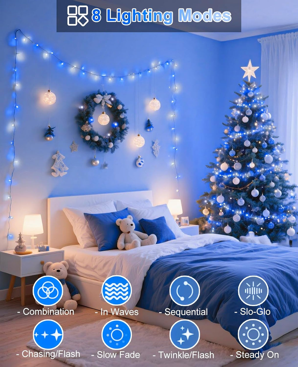 Christmas Lights Outdoor, 157FT 480 LED Christmas Tree Lights Waterproof, 8 Modes Plug in Fairy String Light for Indoor Bedroom Garden Patio Porch Xmas Party Decorations, Blue White