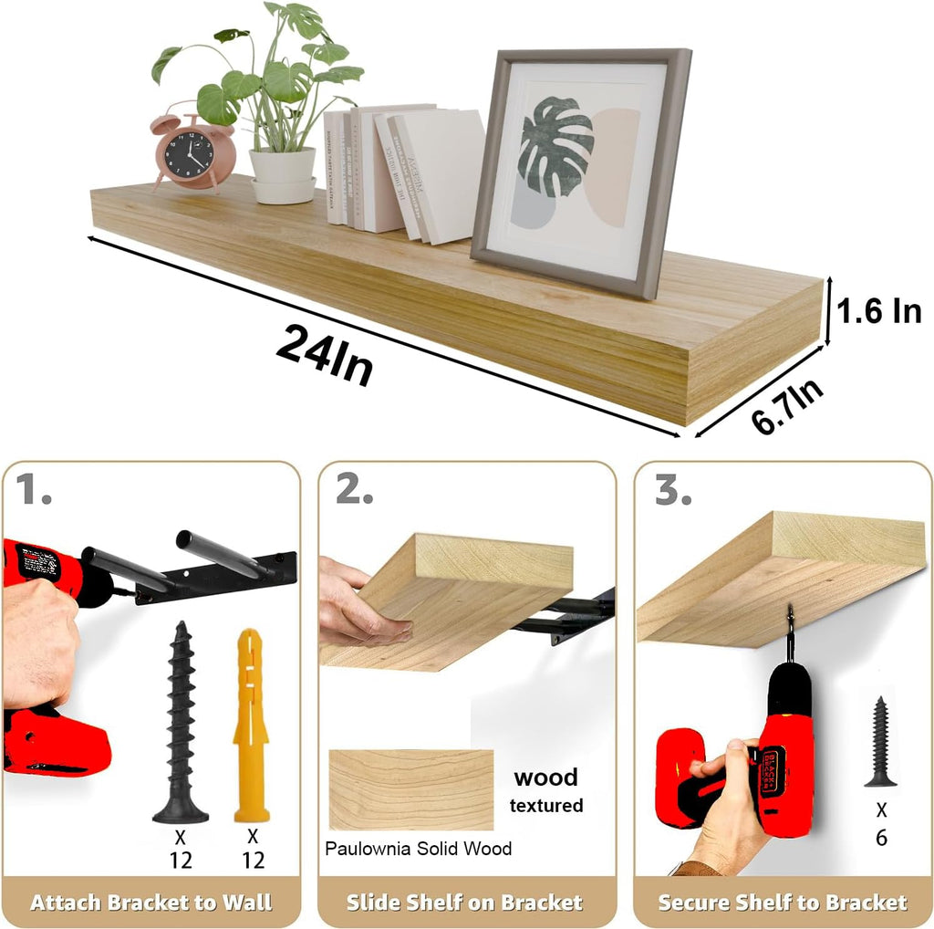 IAE Floating Wall Shelves 24 inch,Bathroom Shelves Wall Mounted,Invisible Shelves Floating Kitchen Shelves,Wooden Wall Shelves with Brackets for Living Room Wall Mounted,Easy Install,Set of 2,Natural
