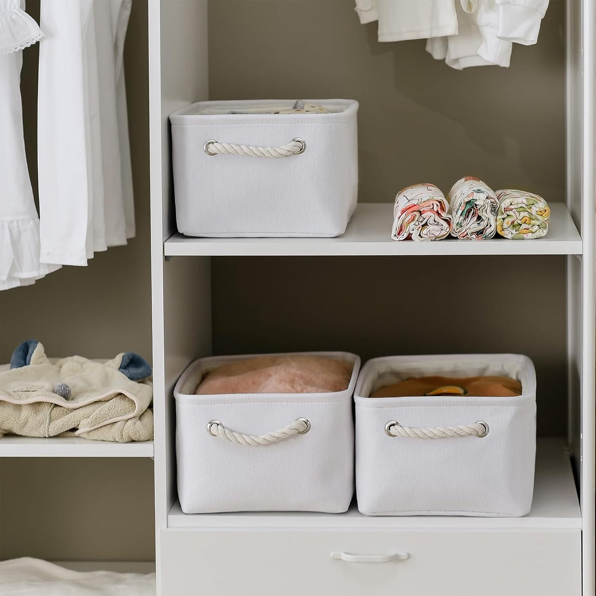 TheWarmHome Decorative Basket for Organizing - Medium-1Pack 13.8L*9.8W*6.7H Rectangular Fabric Storage Bin Organizer Basket with Handles for Clothes (White)