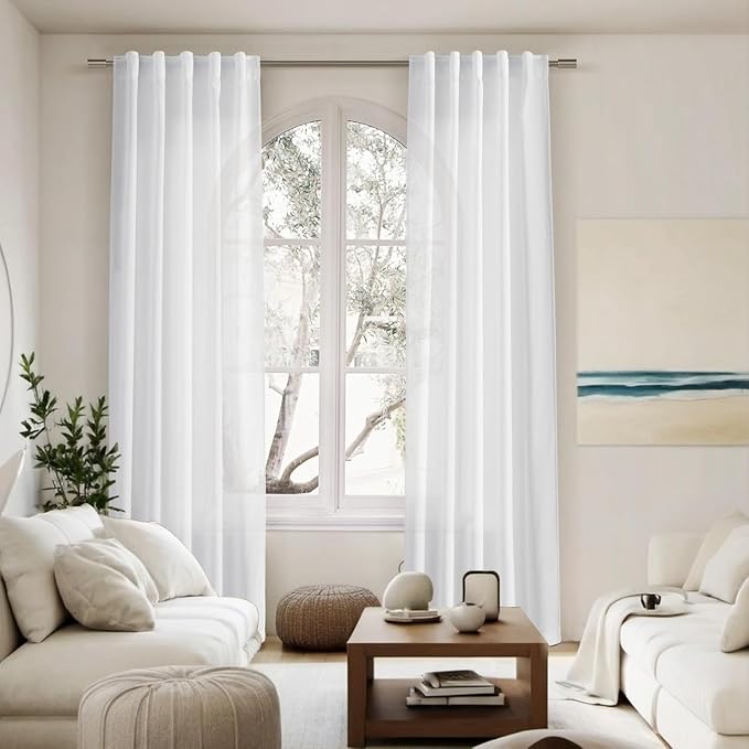 White Linen Curtains for Living Room 60 inch Length Light Filtering Semi Sheer - Image 6