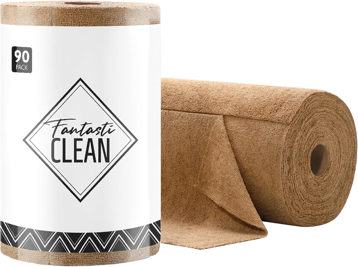 Fantasticlean Microfiber Cleaning Cloth Roll -90 Pack, Tear Away Microfiber Towels, 12" x 12", Reusable, Washable, Scratch Free, Ultra Absorbent Dish Rags for Car, Home, Garage or Shop (Tan)