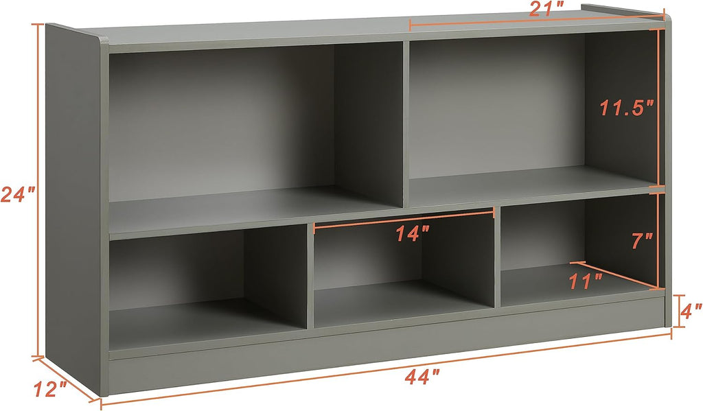 Toy Organizers and Storage, 5-Section Kids Bookshelf for Organizing Books Toys, School Classroom Wooden Storage Cabinet for Children's Room, Playroom, Nursery (Grey)
