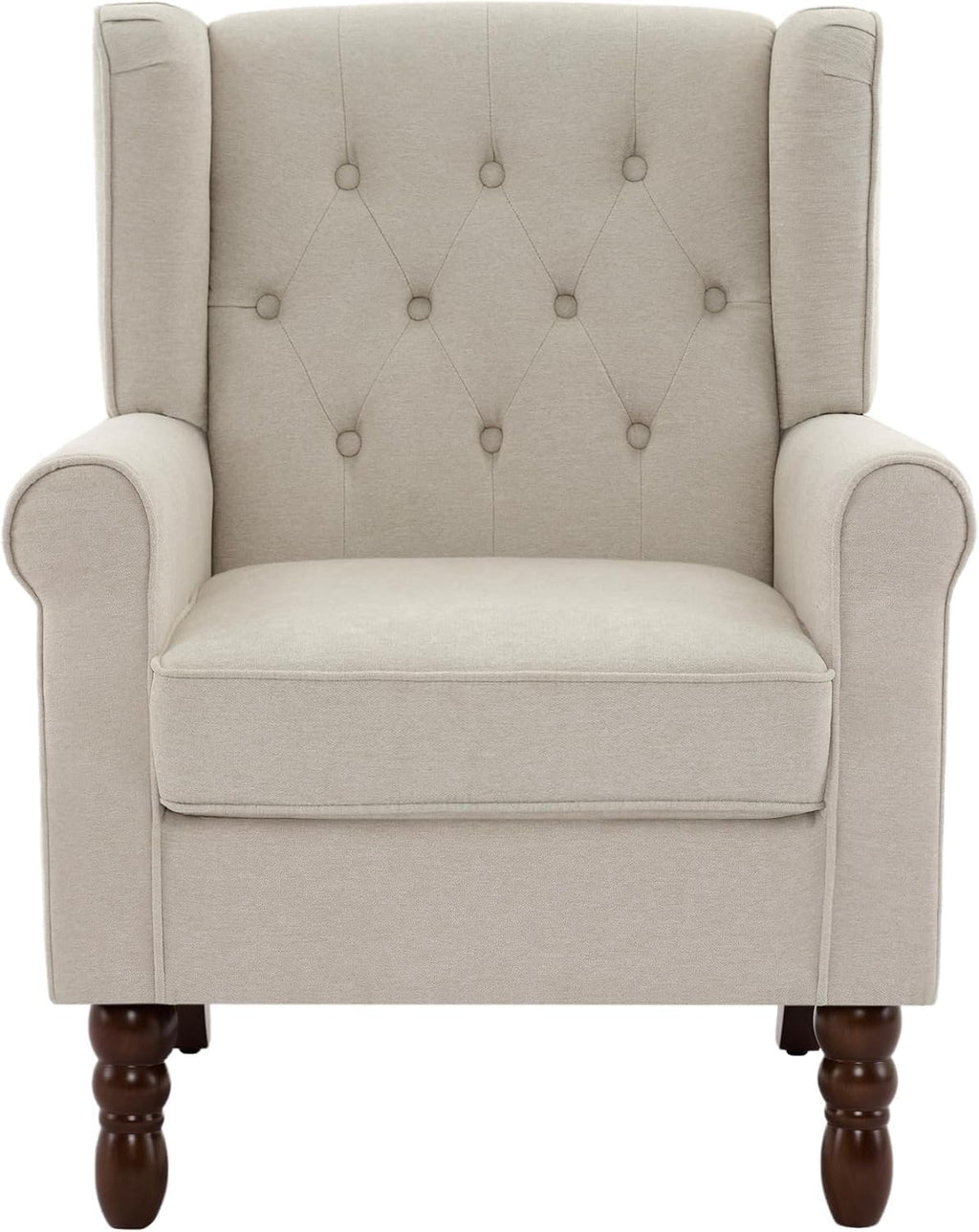 UIXE High Back Accent Chairs Set of 2, Upholstered Armchair in Fabric for Living Room, Retro Wingback Arm Chair Comfy Single Sofa Bedroom Reading Seat with Solid Wood Legs - Beige