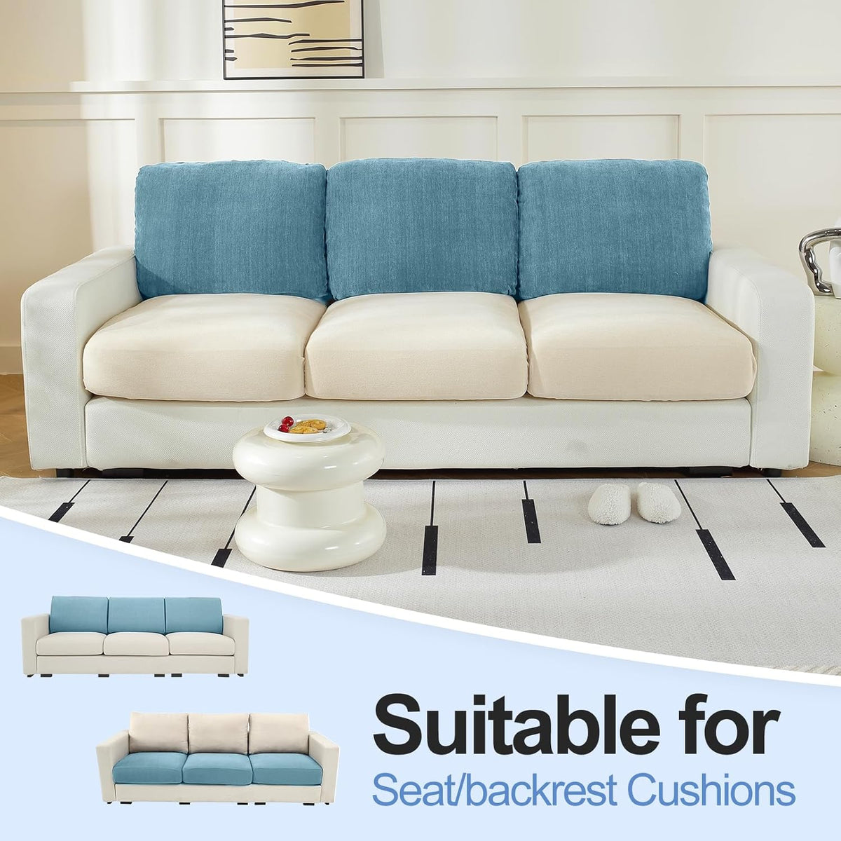 Large Backrest Cushion Covers Super Stretch Backrest Covers for 3 Cushion Couch Sofa, Couch Back Cushion Covers Featuring with Chenille Yarn (Softer Version, 3PC, Blue)