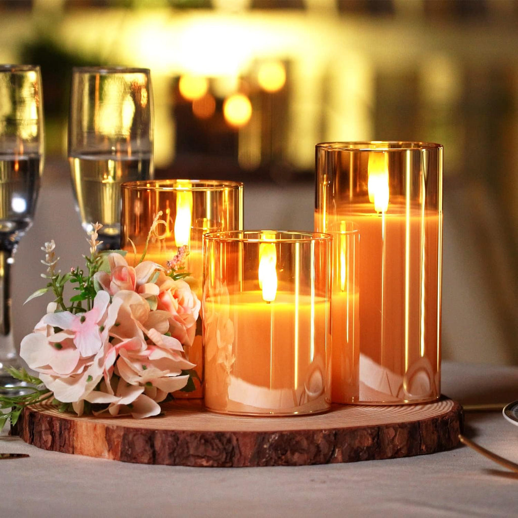 Homemory Amber Glass Flameless Candles, Battery Operated LED Pillar Candles with Remote Control and Timer, Radiance Candles, Real Wax, Set of 3,D3 xH4 5" 6"