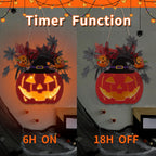 Halloween Door Decorations, Halloween Wreath Decorations Double-Sided Pumpkin with Timer Function, Light up Jack O Lantern for Front Door Window Wall Outside Decor, Battery Operated, 11 Inch