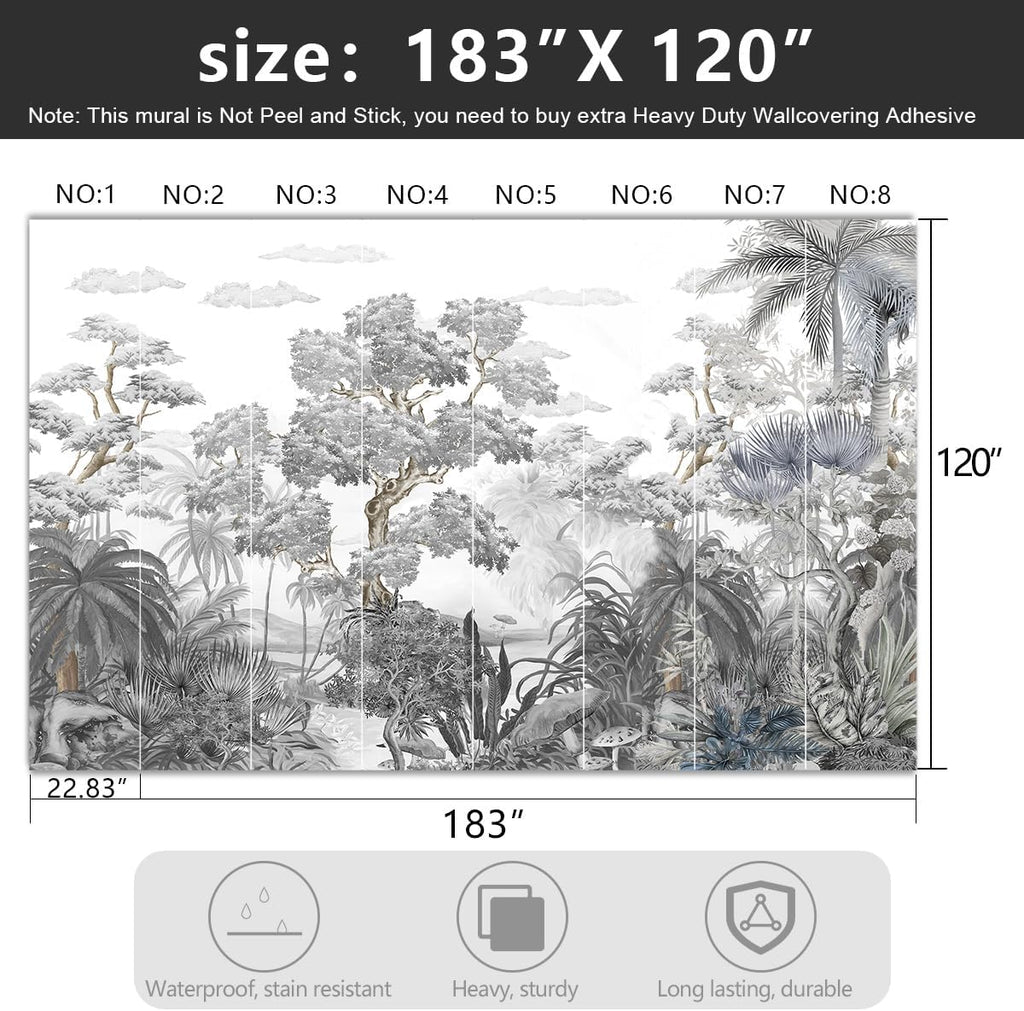 -Tropical Rainforest Botanical Grey Jungle Forest Fabric Wallpaper Living Room Palm Leaf Plant Bedroom Bathroom Large Wall Mural- 183"x120"（ not Peel and Stick）