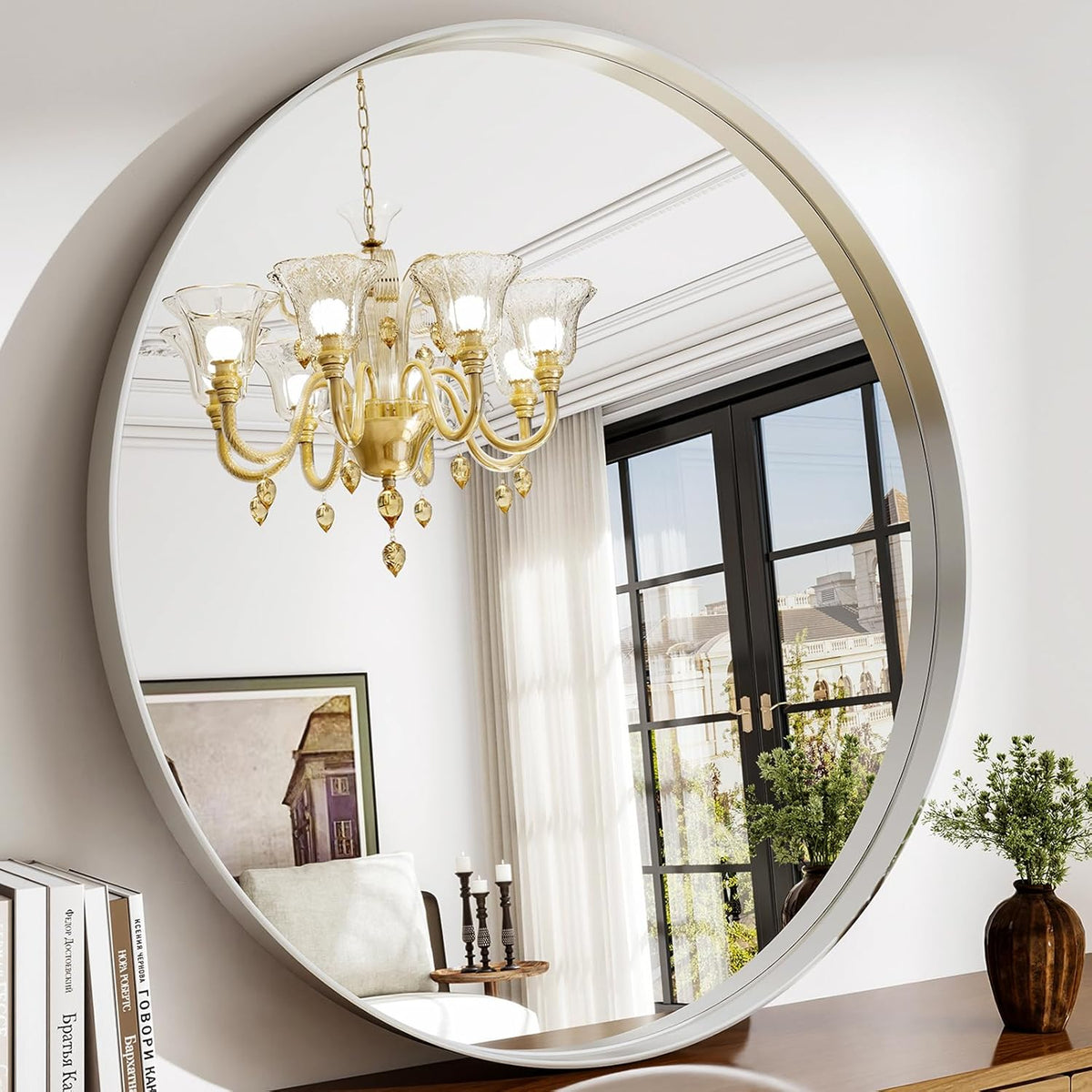 48 Inch Round Bathroom Mirror - Wall Mounted Circle Mirror with Metal Frame, Modern Mirror Suitable for Bathroom, Vanity, Entryway, Living Room, Wall Decor,Silver