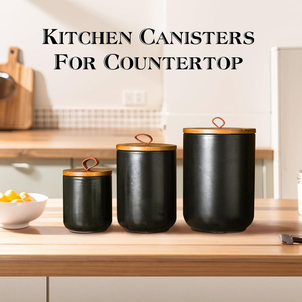 JOJUNO Black Ceramic Canister Set with Wooden Lid, 3-Piece Airtight Food Storage Jars for Kitchen Counter - Flour, Sugar, Coffee, Tea, Spice - Small, Medium, Large Sizes