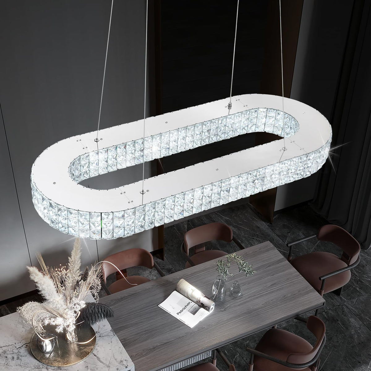 Modern Crystal Chandelier, Dia 40" Rectangular Chandelier for Dining Room,Chrome Rectangle Crystal Ceiling Light Luxury Oval Chandeliers for Living Room Kitchen Island