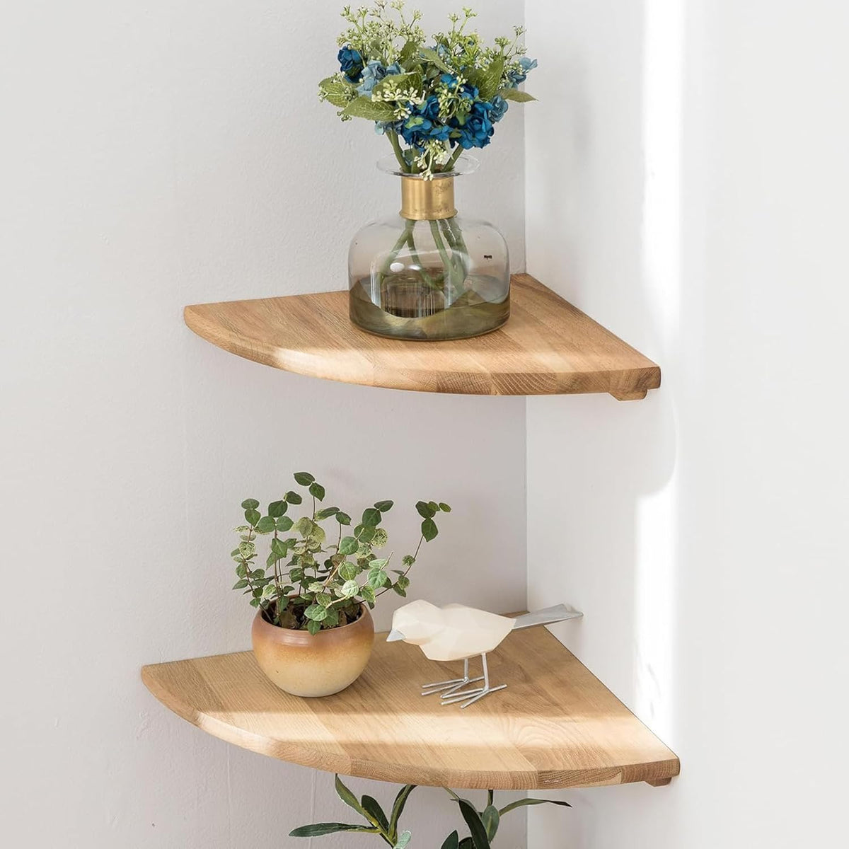Corner Shelves, Floating Corner Shelf, Set of 2 Solid Oak Wood Wall Shelves, Round End Wall Mount with Wire Hole Shelving for Small Plant for Bedroom Kitchen, Living Room 8.7“