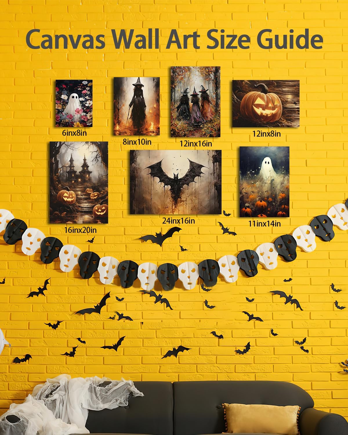 Halloween Canvas Wall Art, Spooky Ghost in Pumpkin Patch Poster, Vintage Gothic Fall Decor, Dark Academia Fall Decor for Living Room, Framed Indoor Halloween Decorations