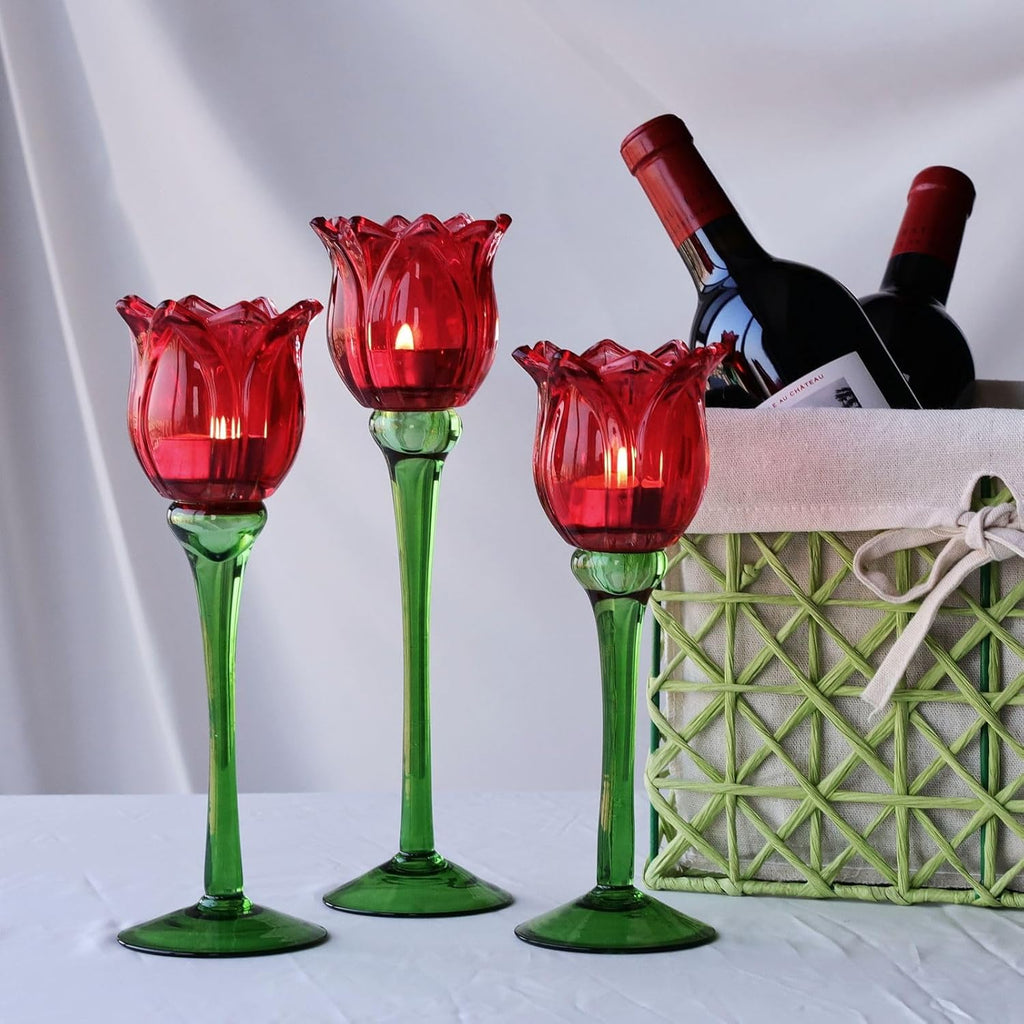 VOHO Red Tulips Candle Holders Gifts for Anniversary, Red Tealight Candle Holder for Christmas Holiday Valentines Decorations, Tulip Tea Light Candle Holders Glass Decor for Romance Tabletop(Set of3)
