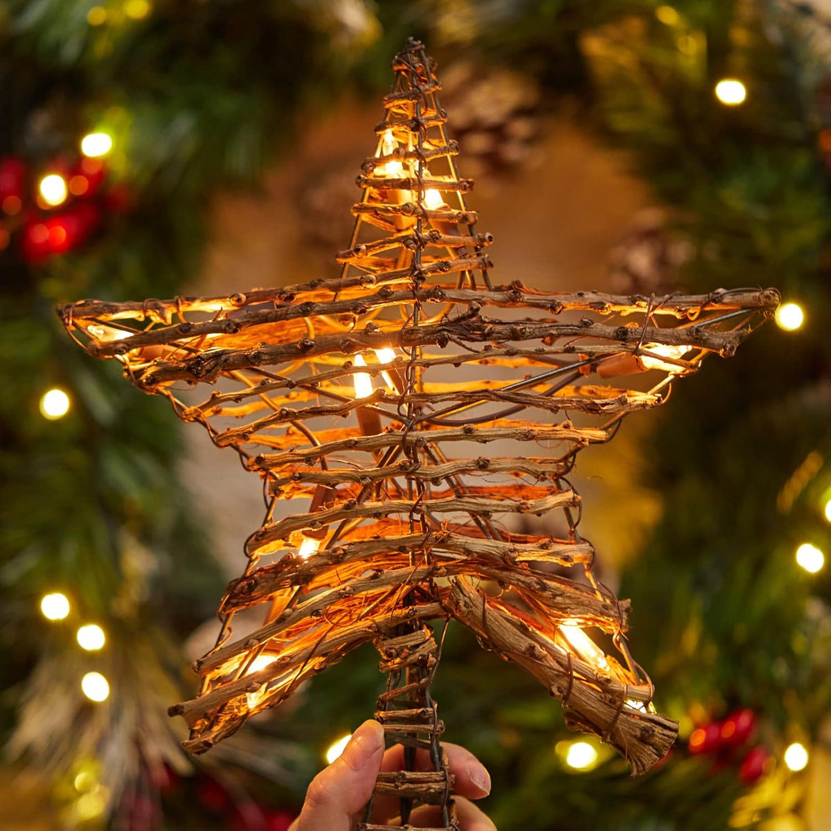 Rattan 3D Star Tree Topper - 12" Rustic Rattan Star with Built-in 10-Bulb String Lights for Christmas Tree Decoration