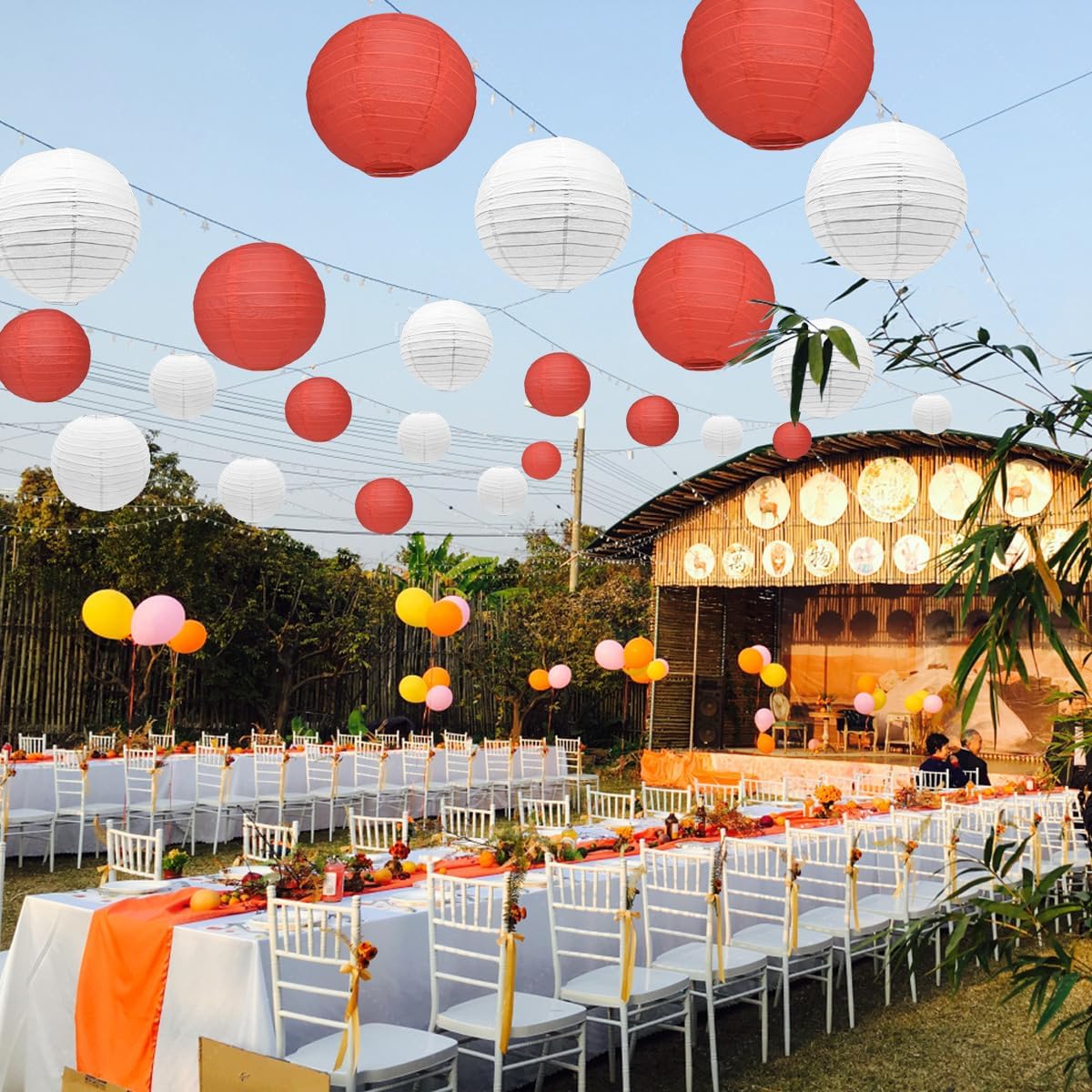 12Pcs Round Paper Lanterns Assorted Sizes (6" 8" 10" 12") for Home Decor, Restaurant, Church, Wedding, Birthday Party Decorations, Hanging Chinese Japanese Paper Lantern Lamps (White and Red)