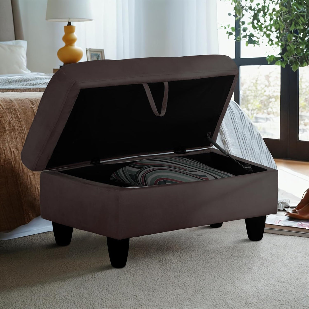 Ottoman Rectangular Storage Ottoman Bench, Flannel Footrest Stool Footstool with Lid for Living Room, Bedroom, Entryway, Dark Coffee, 28.5"x19"x17.5"
