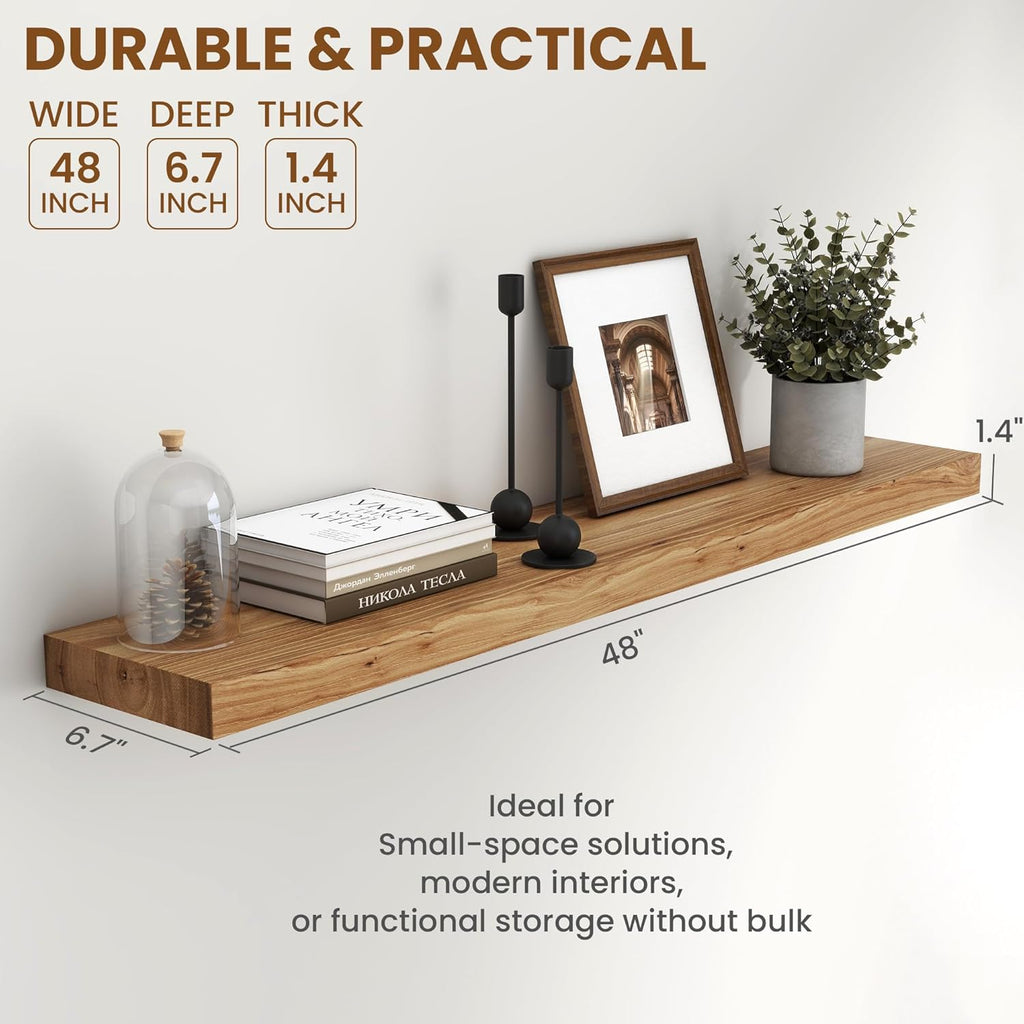 Fun Memories Rustic Elm Wood Floating Shelves for Wall, 48" Floating Shelf Wall Mounted, Long Floating Disply Shelf with Heavy-Duty Bracket for Living Room, Kitchen, Bathroom, Natural Color, Set of 1