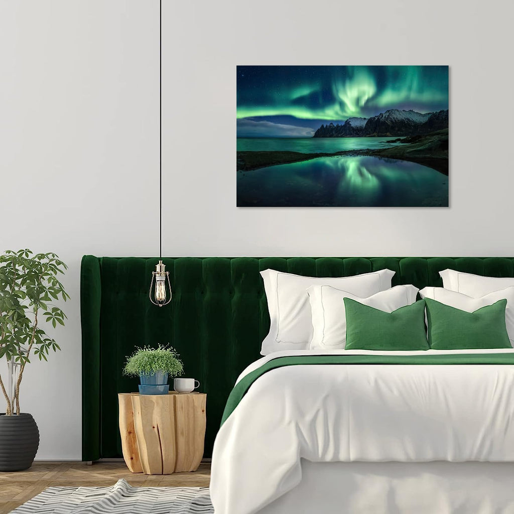 Aurora Borealis Wall Art Painting for Office Bedroom Scenery Landscape Canvas Print Framed Picture Northern Lights Poster Artwork Ready to Hang (20.00"x30.00")