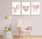 3Pcs Cute Bunny Canvas Wall Art Pink Bow Easter Poster Prints Love Wildflowers Picture Decoration for Nursery Girl Bedroom Children's Room Easter Gifts for Kids Unframed